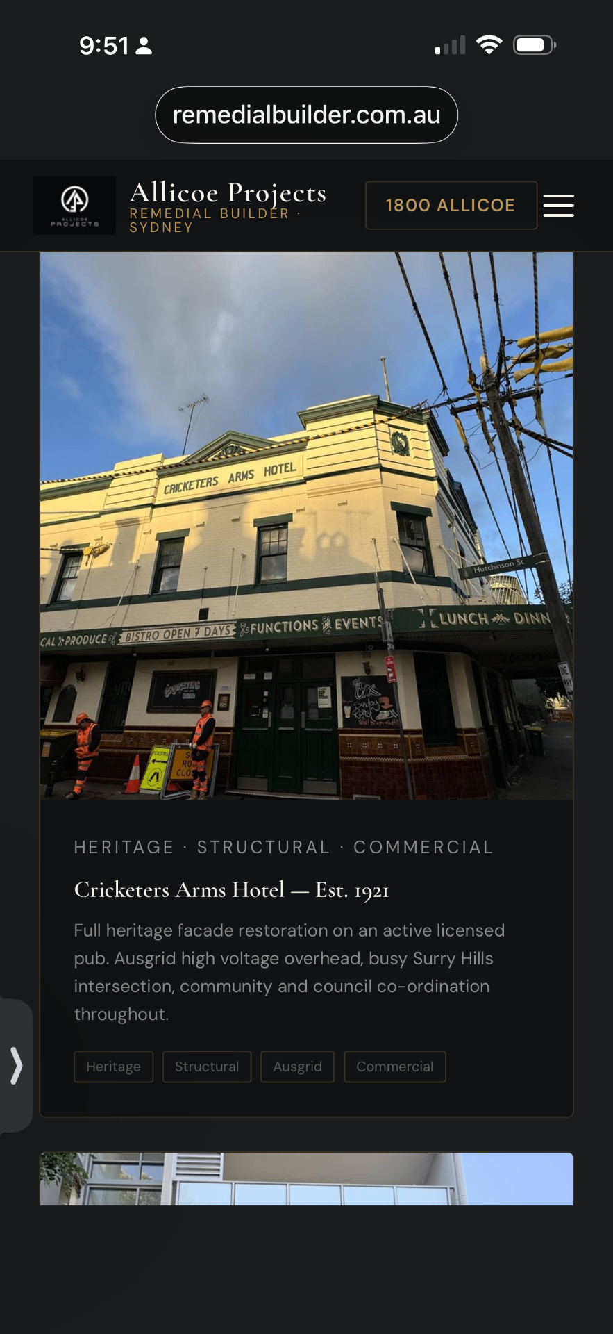 Cricketers Arms Hotel — Est. 1921 — Heritage · Concrete cancer · Façade